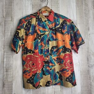 Rafella Colorful Abstract Silk Shirt. Size Large.